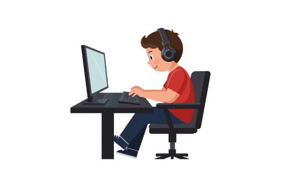 Boy Using Computer at Desk in Flat Style Graphics