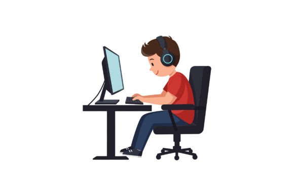 Boy Using Computer While Wearing Headphones