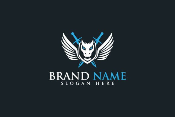Dragon Wings Shield and Cross Sword Logo - Graphics for Logos