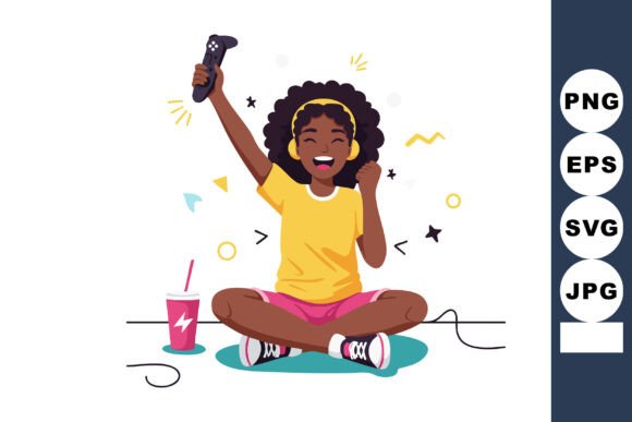 Happy Girl Playing Video Games in Yellow Graphics