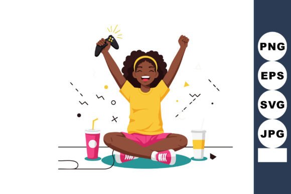 Happy Young Girl Playing Video Games Graphic