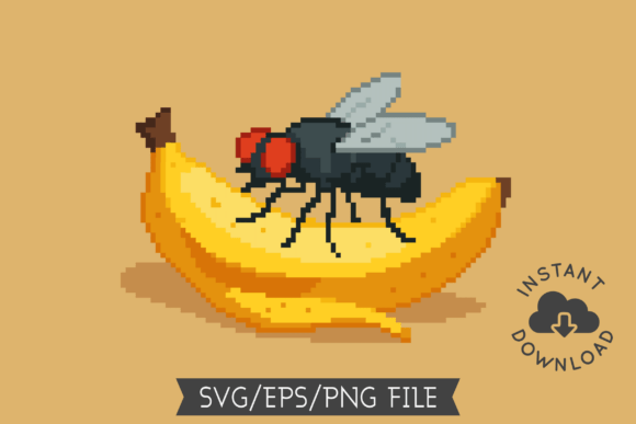 Pixel Art Fly on Banana SVG EPS PNG for Branding and Illustrations