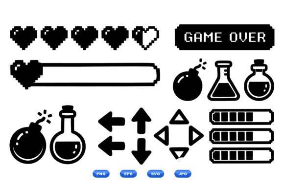 Retro Pixel Game Icons Set for Graphics and Crafts