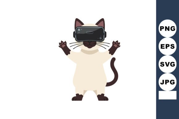 Siamese Cat Wearing Virtual Reality Head - Playful Illustration for Digital Products